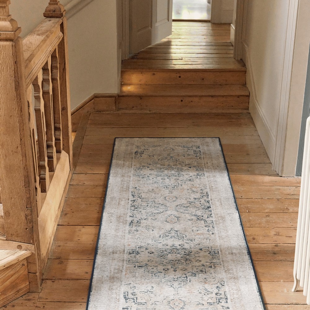 Classical Blue Eco Washable Traditional Runner Rugs by Hug Rug in Blue